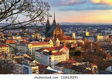 Brno city in the Czech Republic. Europe.Petrov - Cathedral of Saints Peter and Paul. Beautiful old architecture and a popular tourist destination. Landscape with snow in winter.