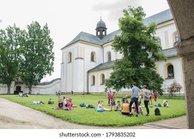 Brno, Czech Republic - 04.04.2020: School Trip Outside Castle Garden Sunny Day Europe Czech Republic Student Tours Children