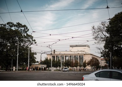 Brno, Czech Republic - August 28 2019: Janáčkovo Divadlo, National Theatre In Brno, Look With Crossroad In Front Of The Theatre