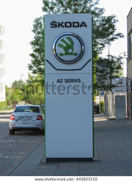 BRNO, CZECH REPUBLIC - CIRCA MAY 2017:\
Skoda cars logo at a Skoda servis centre in\
Brno