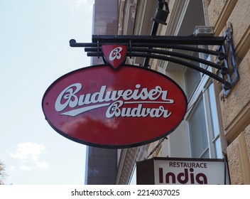 BRNO, CZECH REPUBLIC - CIRCA SEPTEMBER 2022: Budweiser Budvar Beer Sign