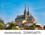 BRNO, CZECH REPUBLIC (CZECHIA) – MAY 20, 2023: View of the Cathedral of Saint Peter and Paul (called Petrov) from the Brno main railway station, South Moravian Region (Jihomoravský kraj)