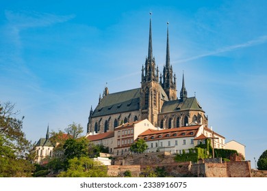 BRNO, CZECH REPUBLIC (CZECHIA) – MAY 20, 2023: View of the Cathedral of Saint Peter and Paul (called Petrov) from the Brno main railway station, South Moravian Region (Jihomoravský kraj)