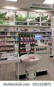 Brno Czech Republic February 6, 2021 - Service Counter In The Ben Pharmacy. Exhibited Products On Shelves, Cash Register Covered With Plexiglass.