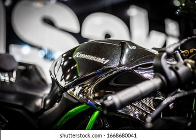 BRNO / CZECH REPUBLIC  - MARCH 6, 2020: Detail Of Motorcycle Logo. Close-up Of Kawasaki Logo.