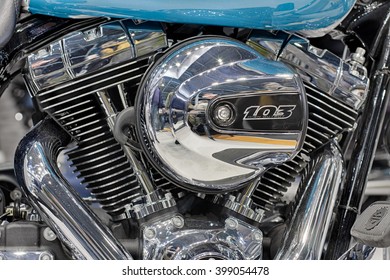 BRNO, CZECH REPUBLIC-MARCH 4,2016:  High Output Twin Cam 103 engine with oil cooler of motorcycle H-D Touring Road King on  International Fair for Motorcycles  on March 4,2016 Brno  Czech Republic 