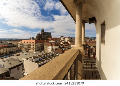 Brno Czechia cityscape, aerial skyline panoramic view of city buildings in the historic Old Town with the Cathedral of St. Peter and Paul from the landmark Old Town Hall, Stará Radnice, Tower deck.