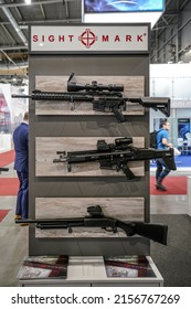 Brno, Czechia - October 08, 2021: Modern Rifles With Mounted Scope Optics Manufactured By Sightmark At Top Displayed At Weapons And Defence Fair