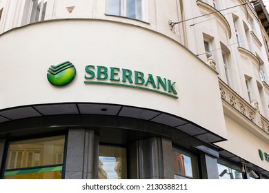 BRNO, CZECHIA - SEPTEMBER 17, 2019: The Russian Sberbank bank in Brno, Czech Republic. Green logo above the entrance of one of its branch offices