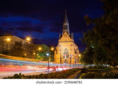 Brno view of the red church at night. Night photo of the old historical city of Brno at night. Old town.