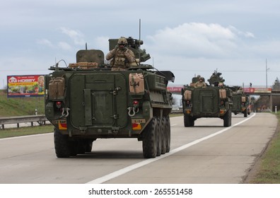 BRNO,CZECH REPUBLIC-MARCH 30,2015: Dragoon Ride -US Army Convoy Drives On March 30,2015  Through Brno , Returns From The Baltic Countries To A German Base, Enters The Territory Of The Czech Republic