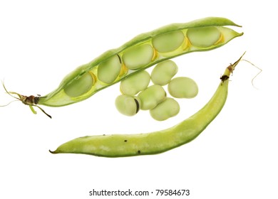 Broad Beans And Pods Isolated Against White