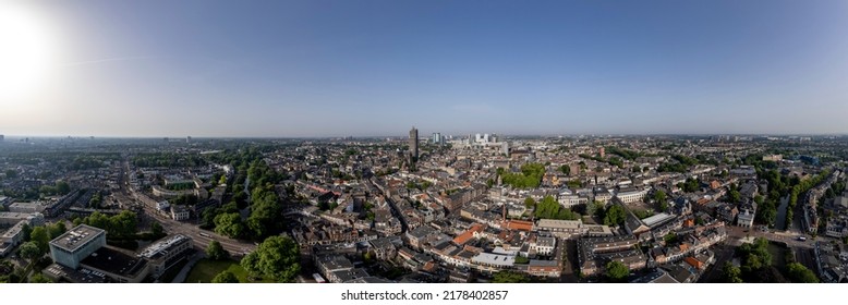 Broad Horizon 360 Degrees Panoramic Aerial View Of The Medieval Dutch City Centre Of Utrecht With Cathedral Towering Over The City At Early Morning Sunrise. Cityscape In The Netherlands