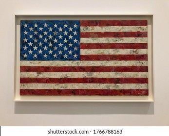 The Broad, Los Angeles, United States - December 2019: Photograph Of A Painting Of The American Flag By Jasper Johns Exhibited At The Broad In LA