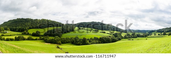 Panorama of the rolling hills of the borderlands between England and Wales