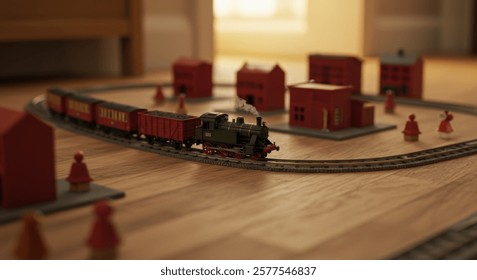 A broad shot of a model train set traversing a larger layout