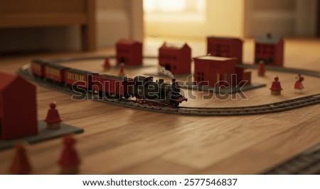 A broad shot of a model train set traversing a larger layout