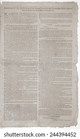 Broadside reporting Rhode Island Ratification of the Constitution. Rhode Island was the last of the original 13 colonies to ratify the Constitution of on May 29 1790.