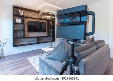 Broadstairs, Kent, UK - Feb 11 2021: Matterport Pro 2 3D Camera Room  Scanner. Space Capture And Virtual Tour Creation For Interior Projects, Surveying, Estate Agents And Realtors. 