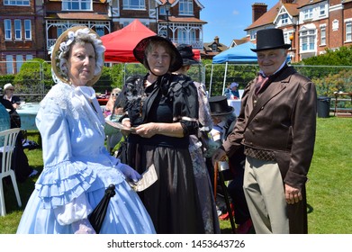 BROADSTAIRS, KENT/UK-JUNE 22 2019: Visitors enjoy the annual Dickens Festival, with costumed characters, re-enactments, music a market and the award winning beach.