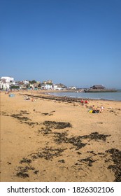 Broadstairs / UK - 21 September 2020: golden sandy beach on a sunny day in Viking Bay, Broadstairs, Thanet, Kent, UK
