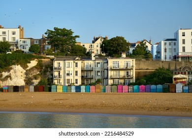 BROADSTAIRS, UNITED KINGDOM - Jul 19, 2022: A Closeup Shot Of Viking Bay Beach Huts In The Early Morning In Broadstairs, Thanet, Kent, UK