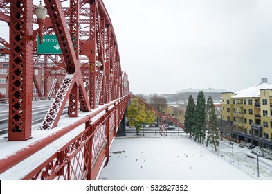 Broadway Bridge covered by snow in Portland, Oregon