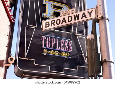 Broadway Street Sign, Famous Street for Strip Clubs and Topless Bars, San Francisco California