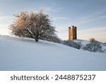 Broadway Tower in winter snow, Broadway, The Cotswolds, Worcestershire, England, United Kingdom, Europe