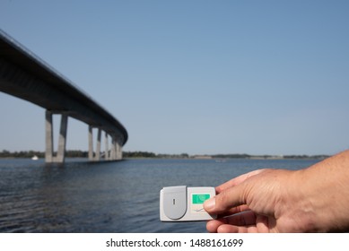 Brobizz As A Payment Method Of The Crown Princess Mary Bridge Over The Firth Of Roskilde In Frederikssund, Denmark, August 26, 2019