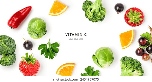 Broccoli, brussel sprout, orange, strawberry, currant, parsley frame border  isolated on white background. Flat lay, top view. Fruit, berry, vegetable with vitamin C. Design element. Creative layout
 - Powered by Shutterstock