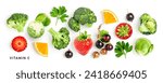 Broccoli, brussel sprouts, strawberry, parsley, currant, orange set isolated on white background. Immunity booster. Healing food. Creative layout. Flat lay, top view. Design element. Vitamin C
