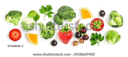 Broccoli, brussel sprouts, strawberry, parsley, currant, orange set isolated on white background. Immunity booster. Healing food. Creative layout. Flat lay, top view. Design element. Vitamin C

