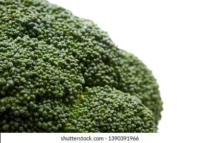 Broccoli Closeup Isolated On White Background. Macro Fragment. Green Crowns