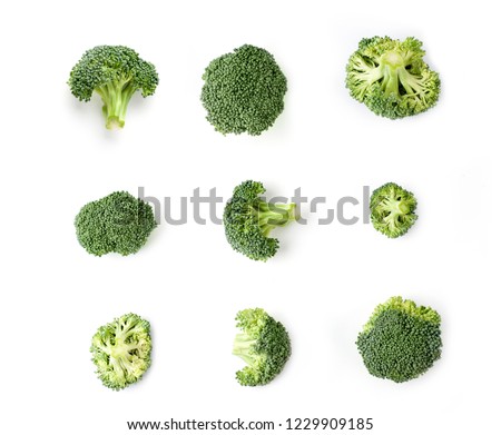 Broccoli . Broccoli florets isolated on the white background.Vegetables abstract background,pattern.
