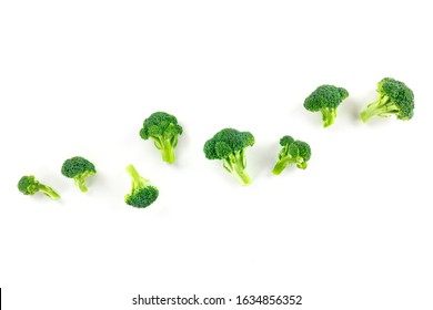 Broccoli Florets, Overhead Shot On A White Background With Copy Space