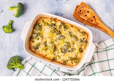 Broccoli gratin in a baking dish, top view.