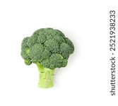 Broccoli green florets photography isolated on white background. Healthy dieting food concept. Vitamin C. Single object clipping path original shadow. Design element. Top view, flat lay
