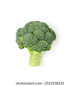 Broccoli green florets photography isolated on white background. Healthy dieting food concept. Vitamin C. Single object clipping path original shadow. Design element. Top view, flat lay
