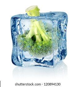 Broccoli in ice isolated on a white background