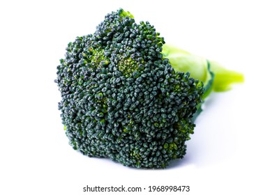 Broccoli Isolated On White Background. Green Broccoli Piece. Broccoli Crown Close Up.