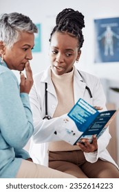 Brochure, consulting or doctor speaking to woman for life insurance or healthcare services or medical data. Medicine, nurse helping or mature patient learning info on pamphlet in hospital for advice - Shutterstock ID 2352614223