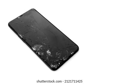 Brocken Mirror Film Of Touch Screen Mobile Phone On White Background, Soft And Selective Focus On Broken Mirror.