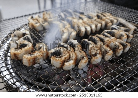 broiled eels,  Eel being grilled on fire, Grilled eel with salt, Grilled eel, Korean grilled eel, eels