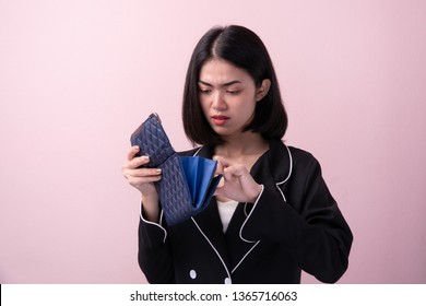 Broke Asian Women Open Empty Purse Isolated On Background