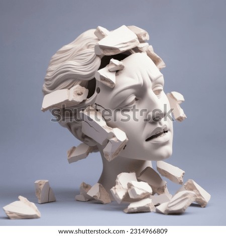Broken ancient greek statue woman head falling in pieces. Broken marble female sculpture, cracking bust, concept of depression, memory loss, mentality loss or illness,  High quality photo