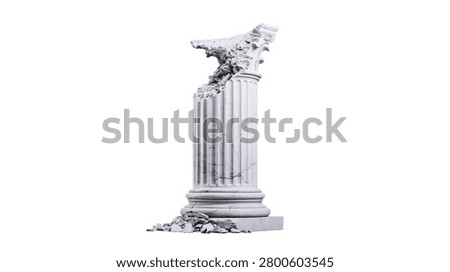 Broken ancient marble column with cracked surface and crumbling stone debris
