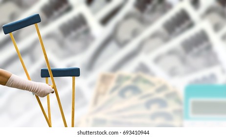 broken arm, closeup woman arm with splint and holding wooden crutches on blurred background Japanese currency yen bank notes, coin and calculator, health care concept.