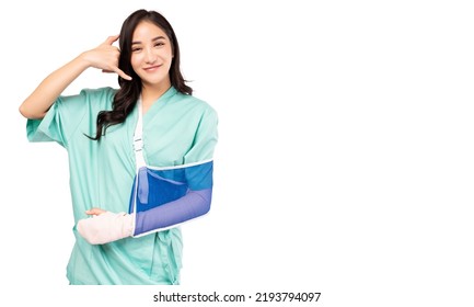 Broken Arm Injured Worker Compensation Coverage Young Asian Woman With Injured Arm Put On Soft Splint Make Hand Like A Phone Calling Insurance Agent Or Hospital For Emergency Accident With Smile Face