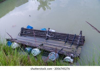 Broken Bamboo Raft Near By The River Bank, Broken, Damage, Reinvent Concept